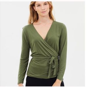 J. Crew Long Sleeve Olive Green Belted Tie Waist Wrap Top Size Small